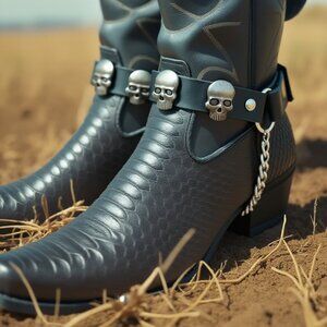 New Men Boots Silver Metal Chain Black Faux Leather 2PCS Straps Skull Charms